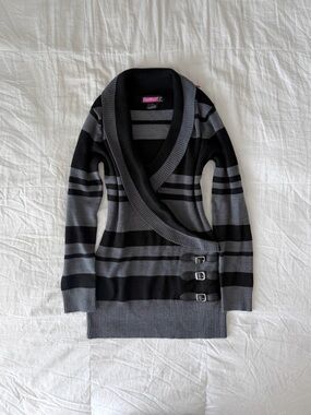 Vintage Say What? Striped Buckle Draped Collar Sweater Dress Size XL